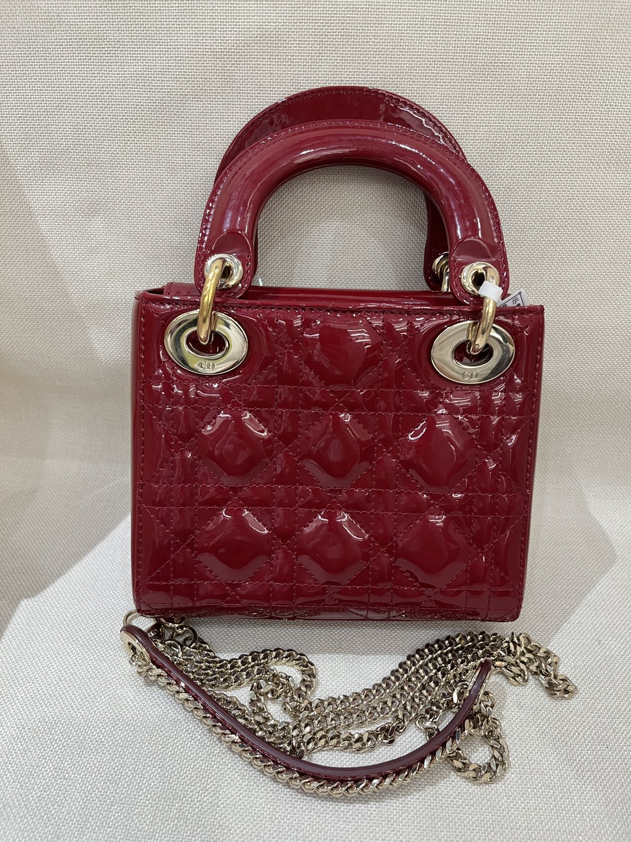Pre-owned Certified Dior Mini Lady Dior in Dark Cherry Red Patent Leather with Light Golden Hardware, 2018, w/ Full Set