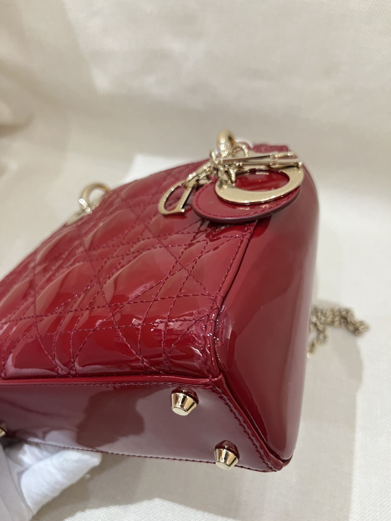 Pre-owned Certified Dior Mini Lady Dior in Dark Cherry Red Patent Leather with Light Golden Hardware, 2018, w/ Full Set
