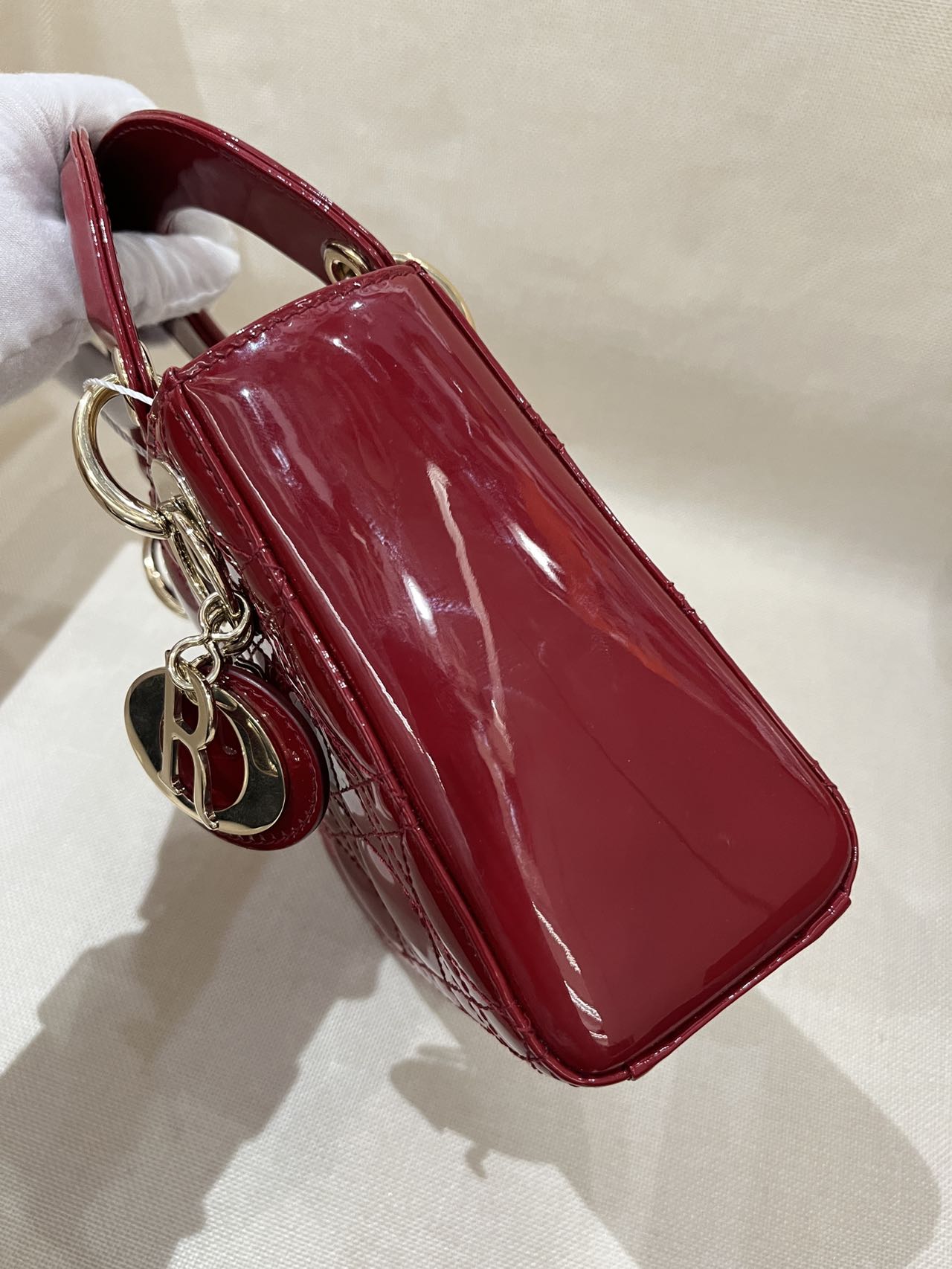 Pre-owned Certified Dior Mini Lady Dior in Dark Cherry Red Patent Leather with Light Golden Hardware, 2018, w/ Full Set