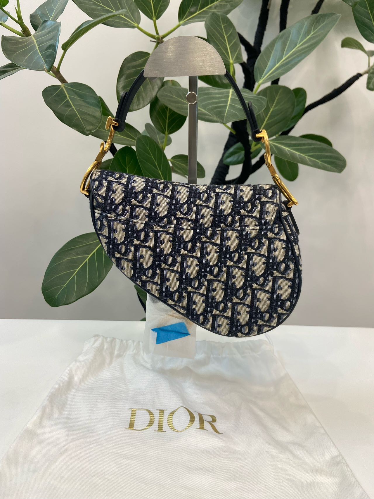 Pre-owned Certified  Dior Mini Saddle in Blue Oblique Canvas, w/ dust bag, strap
