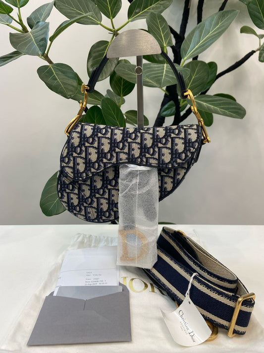 Pre-owned Certified  Dior Mini Saddle in Blue Oblique Canvas, w/ dust bag, strap
