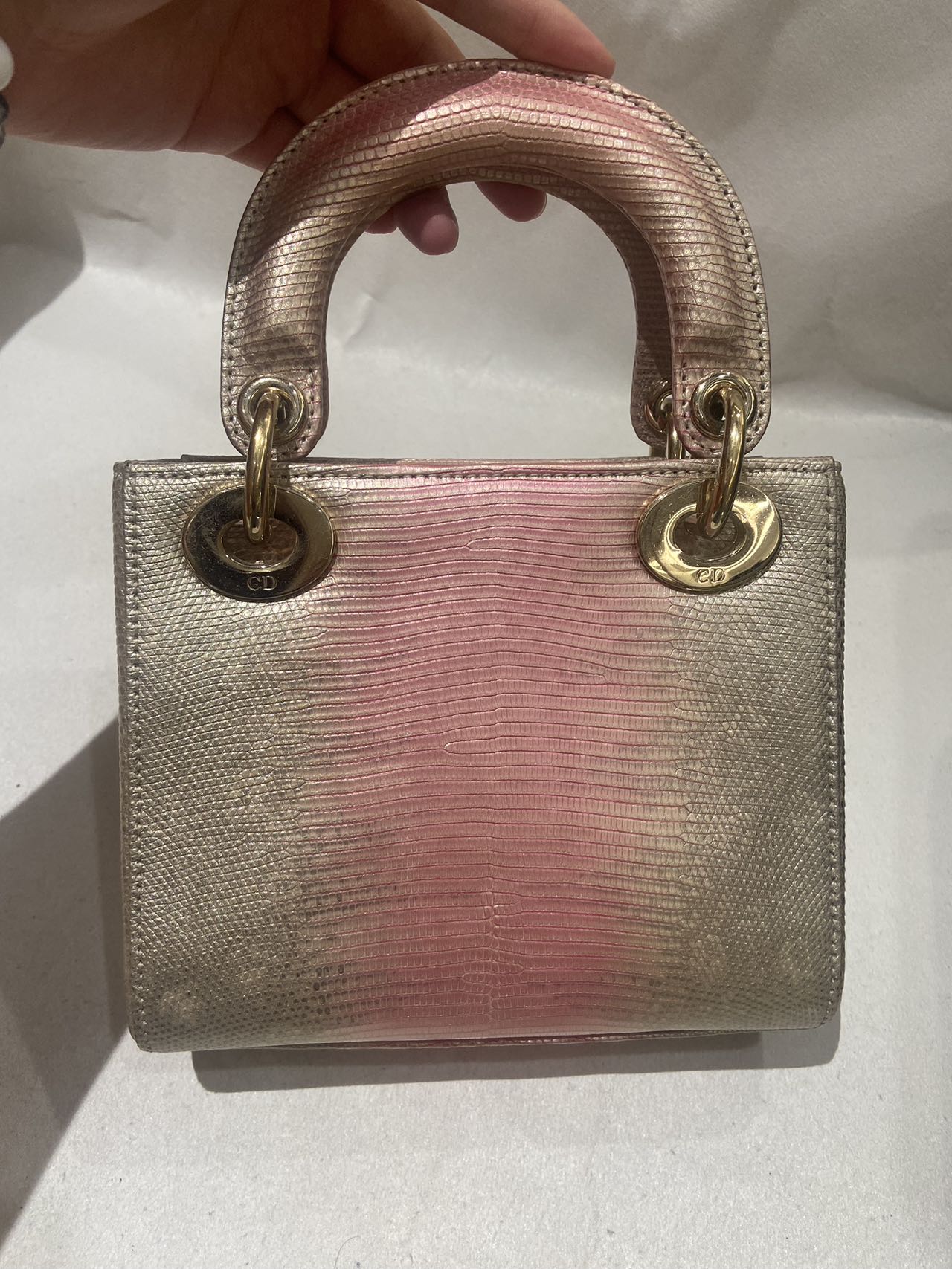 Pre-owned Certified Dior Mini lady Dior in Pink Golden Ombré Natural Lizard Skin with Light Golden Hardware, 2022, w/ full set