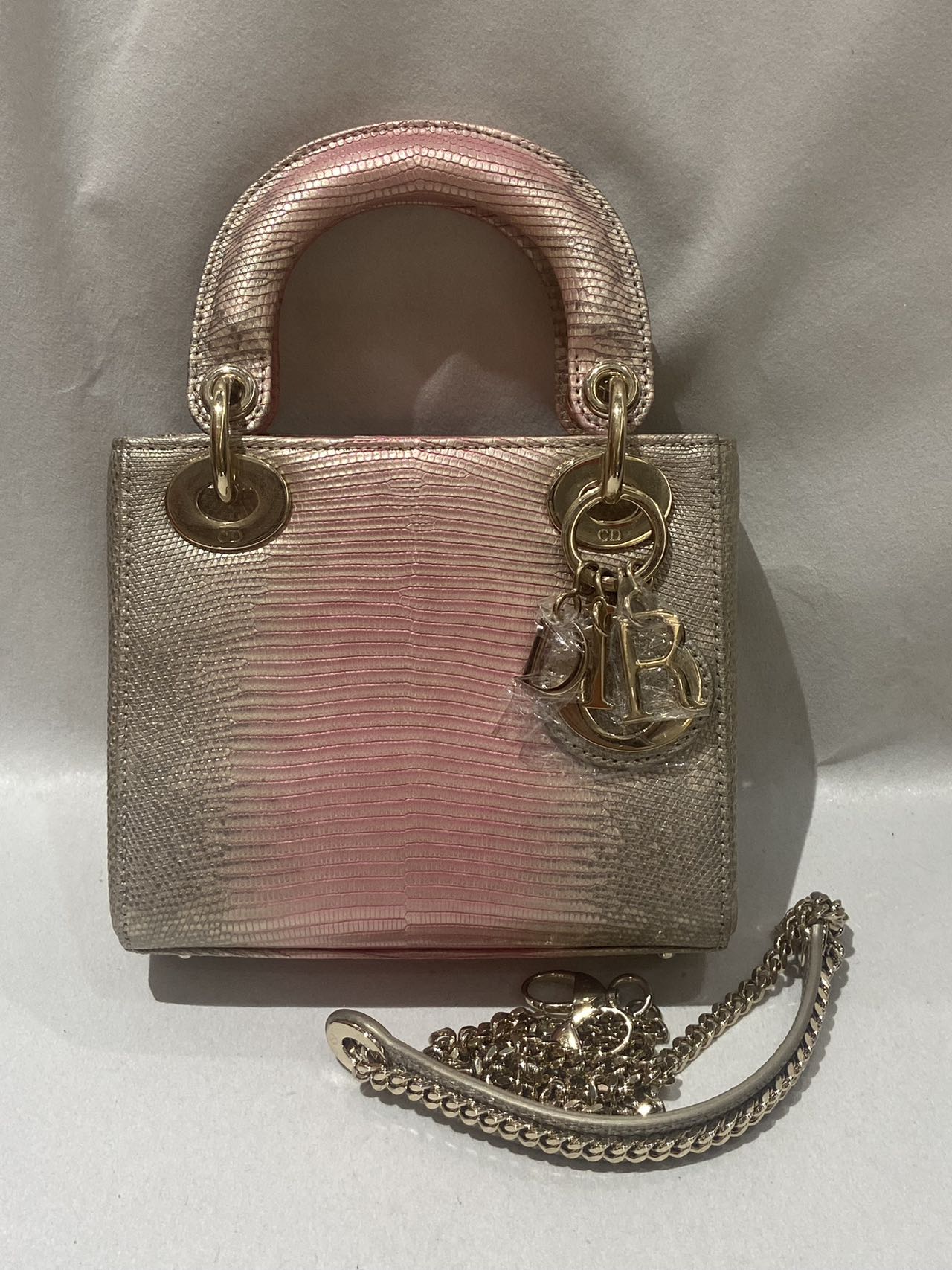 Pre-owned Certified Dior Mini lady Dior in Pink Golden Ombré Natural Lizard Skin with Light Golden Hardware, 2022, w/ full set