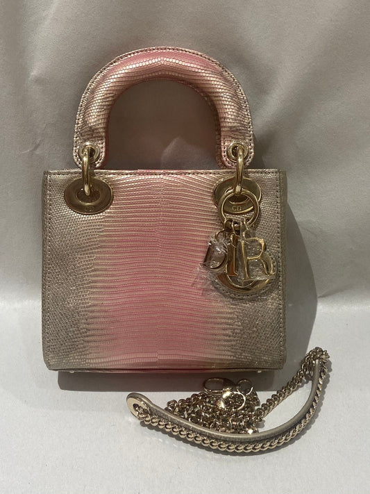 Pre-owned Certified Dior Mini lady Dior in Pink Golden Ombré Natural Lizard Skin with Light Golden Hardware, 2022, w/ full set