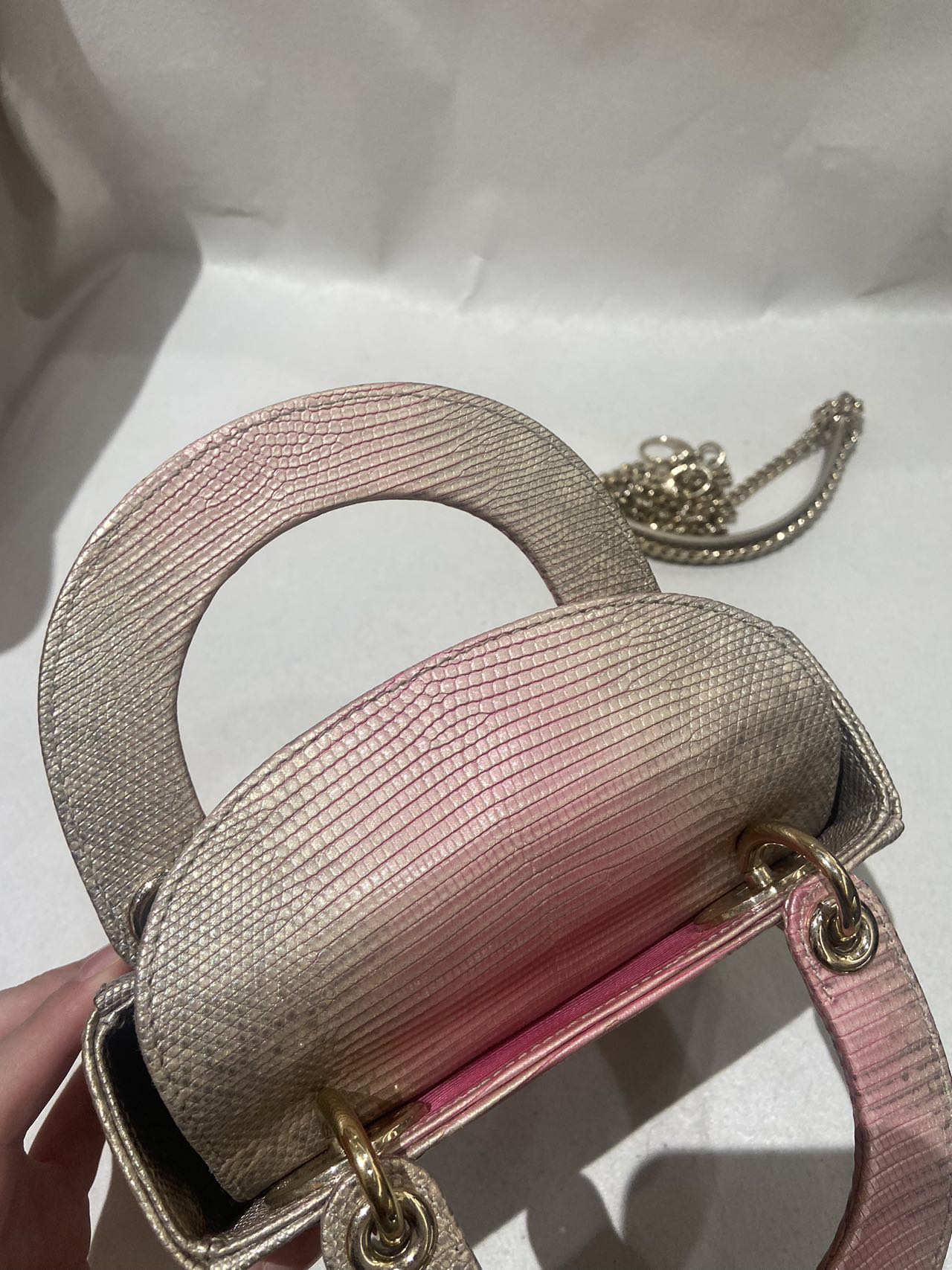 Pre-owned Certified Dior Mini lady Dior in Pink Golden Ombré Natural Lizard Skin with Light Golden Hardware, 2022, w/ full set