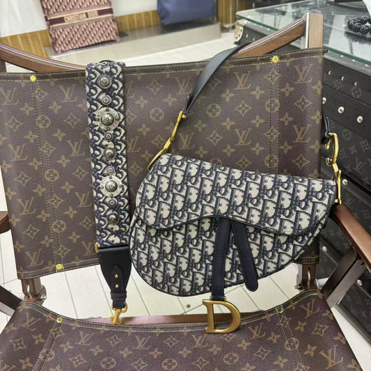 Pre-owned Dior Saddle Medium Blue Oblique Canvas Golden Hardware, 2018, Full Set with the Dior Strap