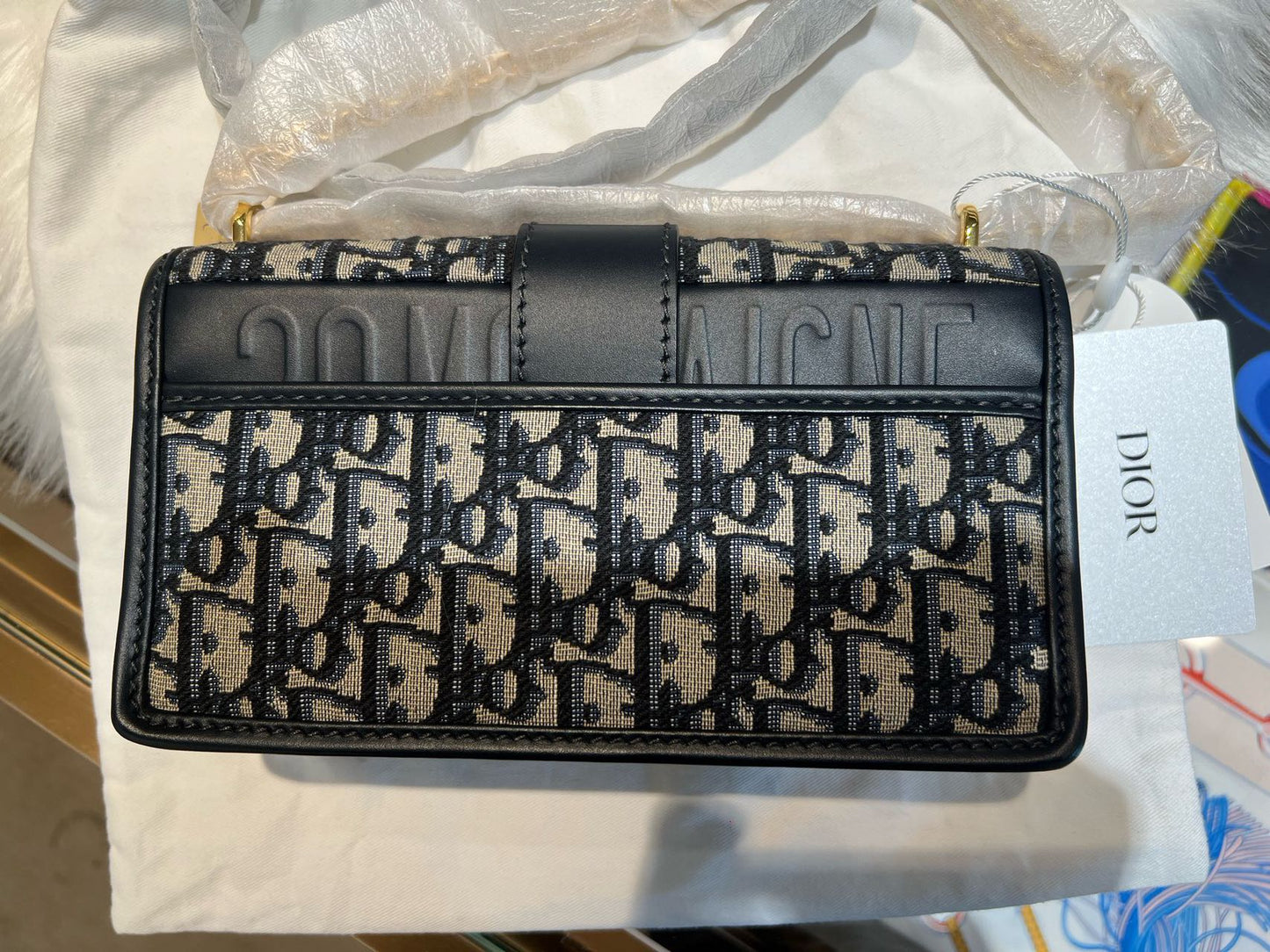 Pre-owned Certified Dior Small 30 Montaigne East-West with Chain in Blue Oblique Canvas with Golden Hardware, w/full set