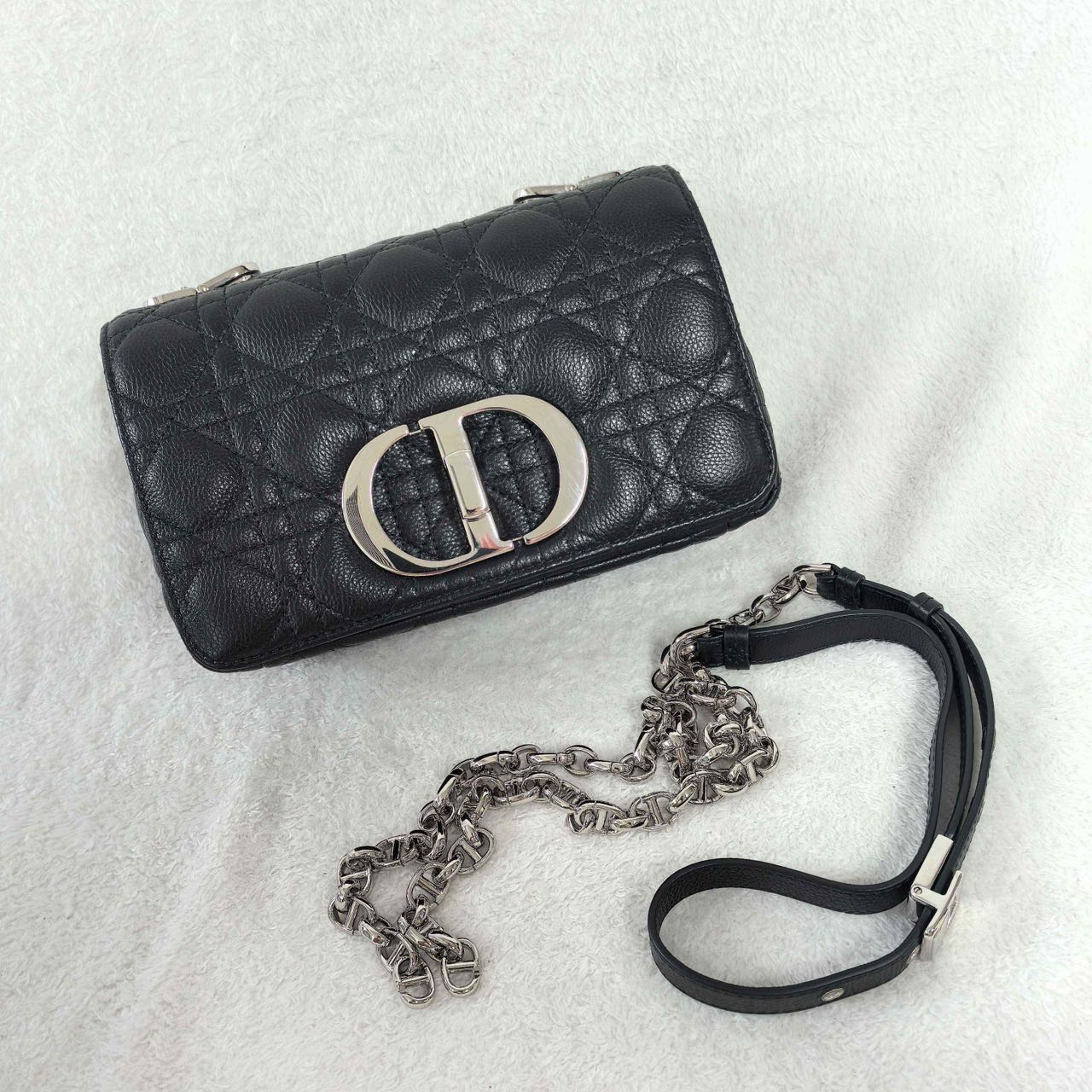 Pre-owned Certified Small Dior Caro in Black Supple Calfskin with Silver Hardware, 2024,w/ strap