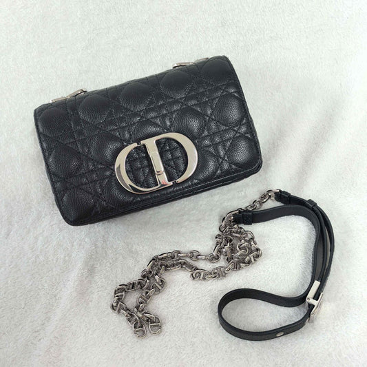 Pre-owned Certified Small Dior Caro in Black Supple Calfskin with Silver Hardware, 2024,w/ strap