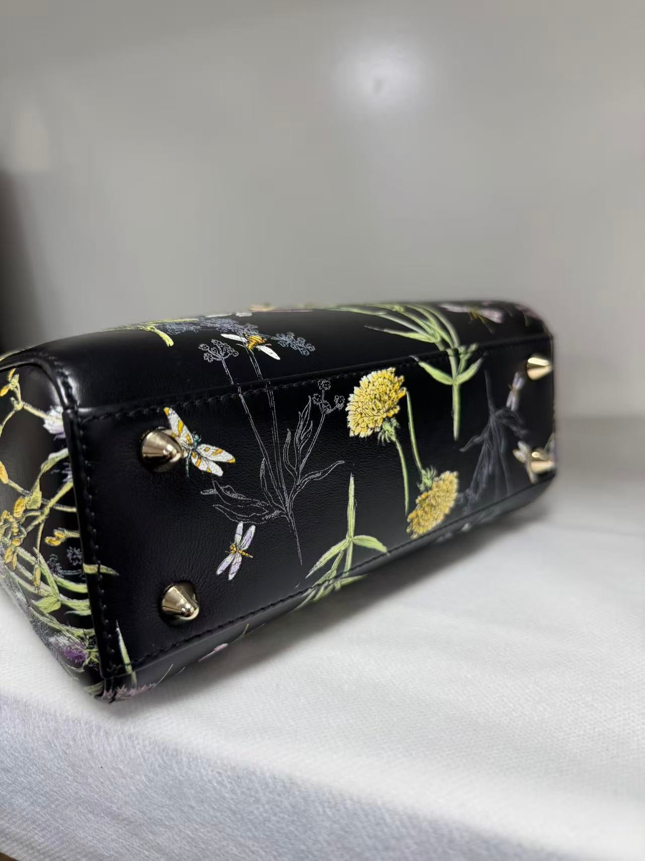 Pre-owned Certified Dior Small Lady Dior Black Calfskin with Painted Floral Pattern with Light Golden Hardware, 2024, w/ full set