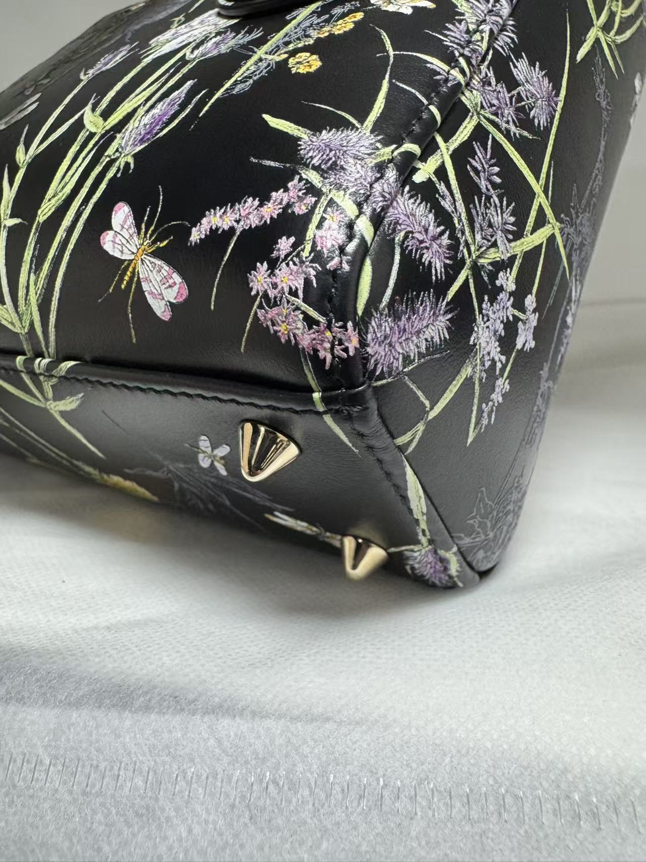 Pre-owned Certified Dior Small Lady Dior Black Calfskin with Painted Floral Pattern with Light Golden Hardware, 2024, w/ full set