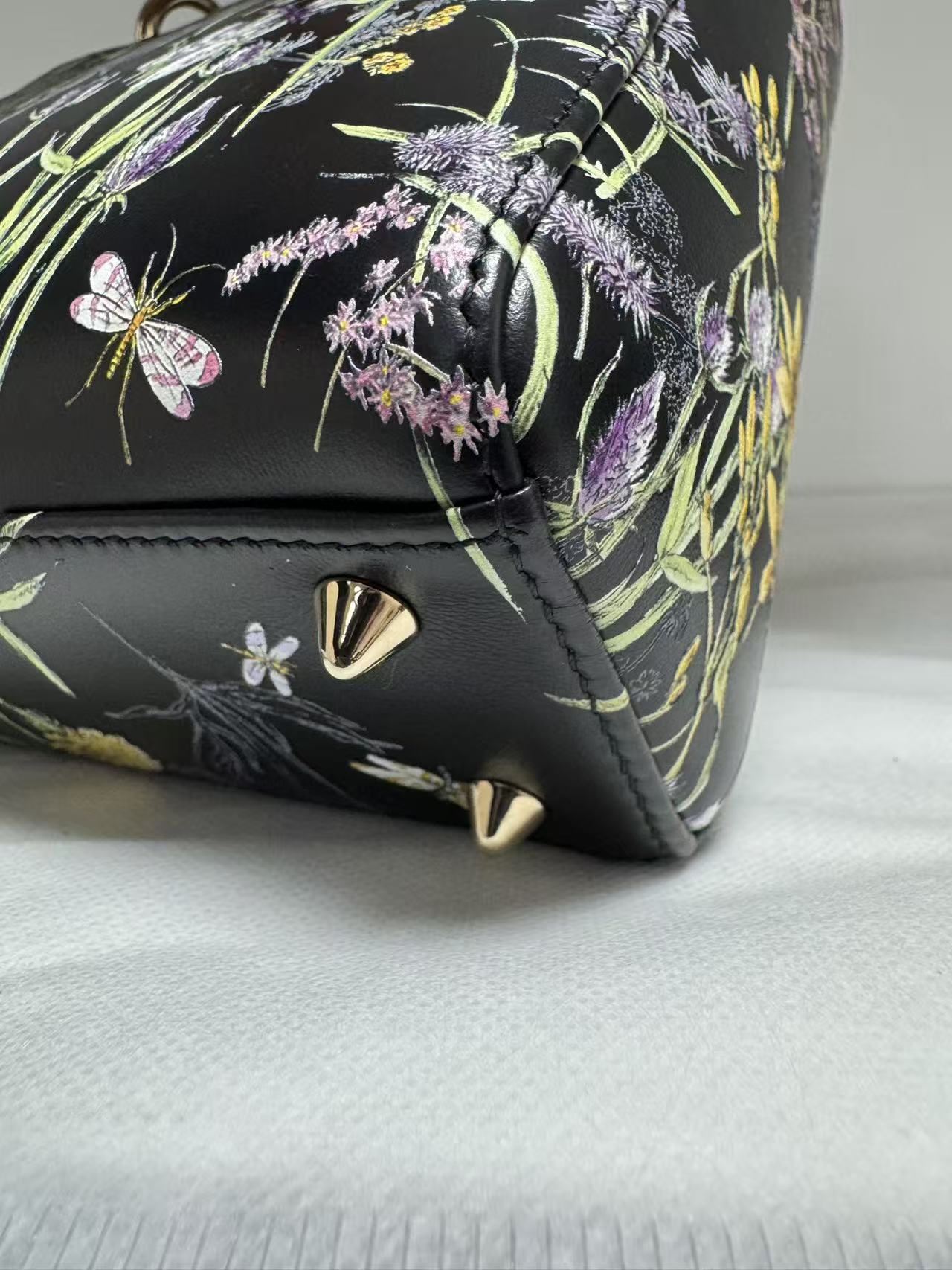 Pre-owned Certified Dior Small Lady Dior Black Calfskin with Painted Floral Pattern with Light Golden Hardware, 2024, w/ full set