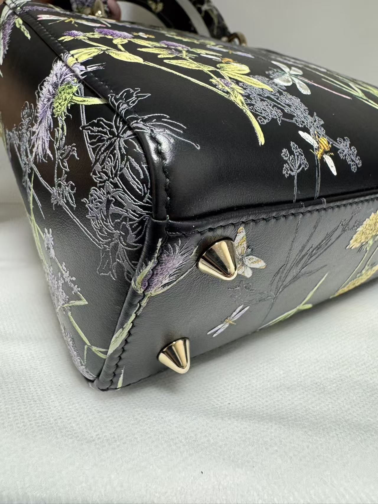 Pre-owned Certified Dior Small Lady Dior Black Calfskin with Painted Floral Pattern with Light Golden Hardware, 2024, w/ full set