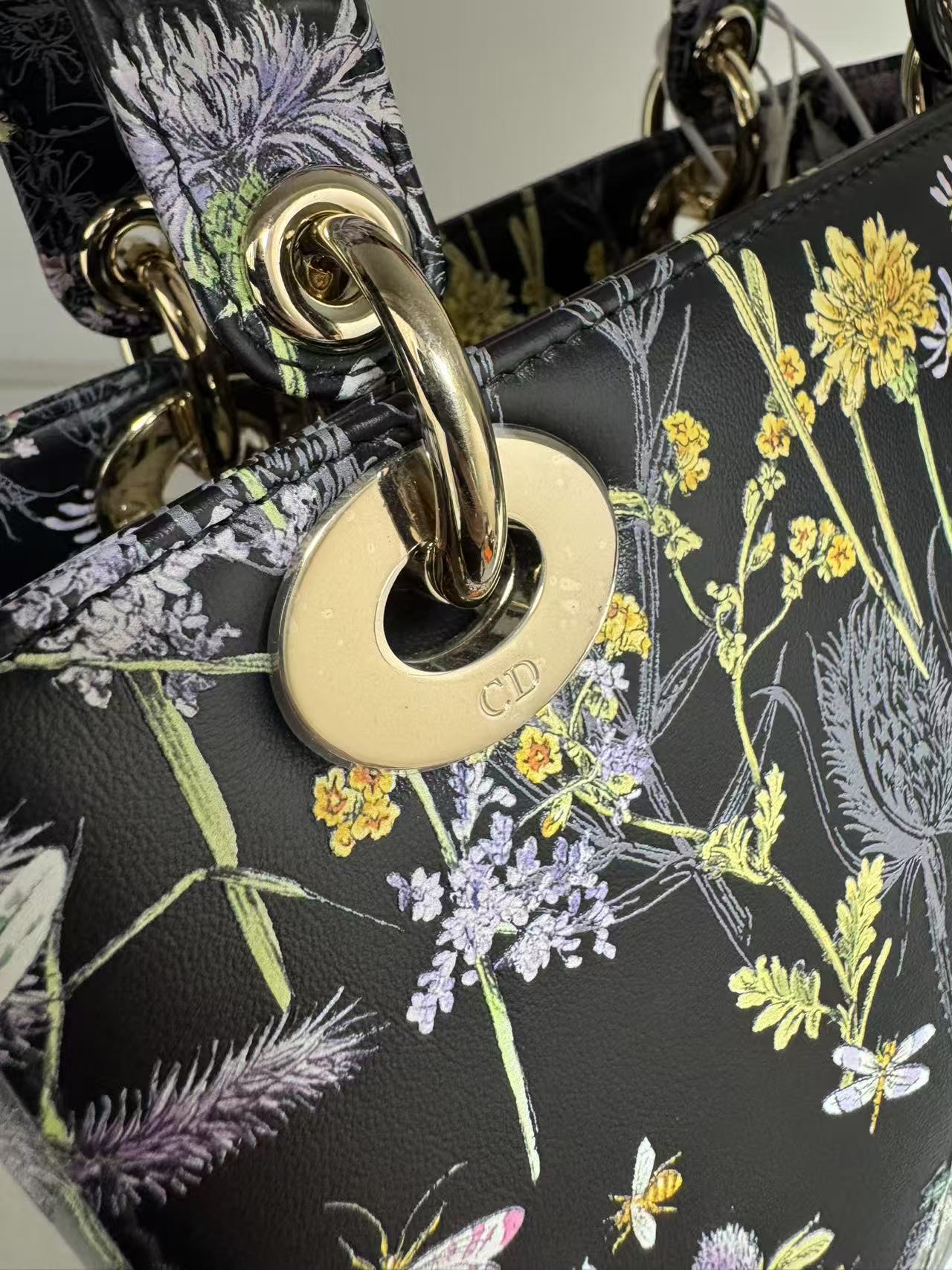 Pre-owned Certified Dior Small Lady Dior Black Calfskin with Painted Floral Pattern with Light Golden Hardware, 2024, w/ full set