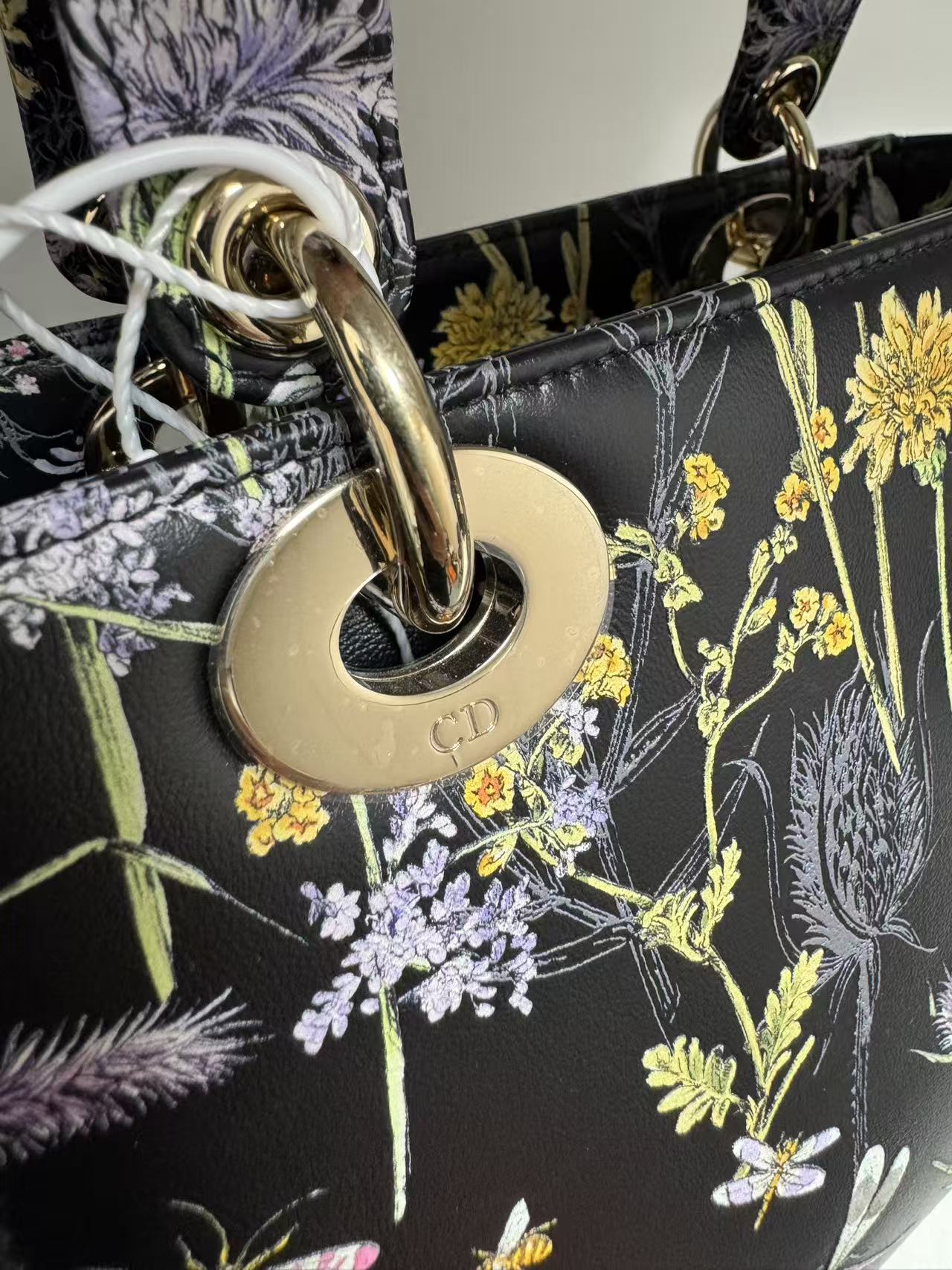 Pre-owned Certified Dior Small Lady Dior Black Calfskin with Painted Floral Pattern with Light Golden Hardware, 2024, w/ full set