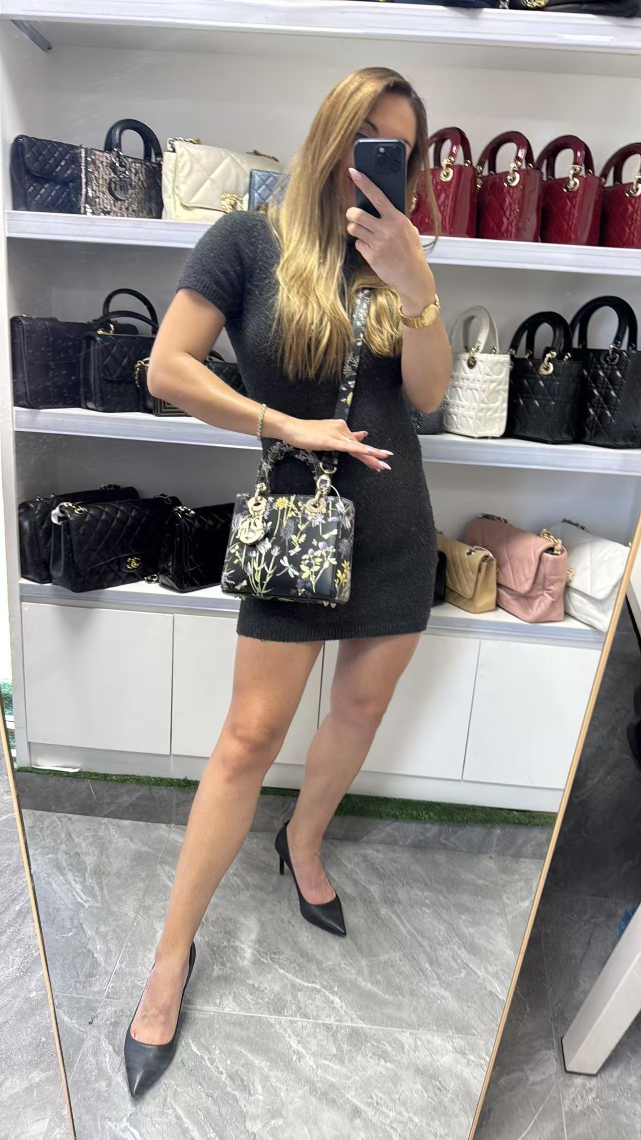 Pre-owned Certified Dior Small Lady Dior Black Calfskin with Painted Floral Pattern with Light Golden Hardware, 2024, w/ full set