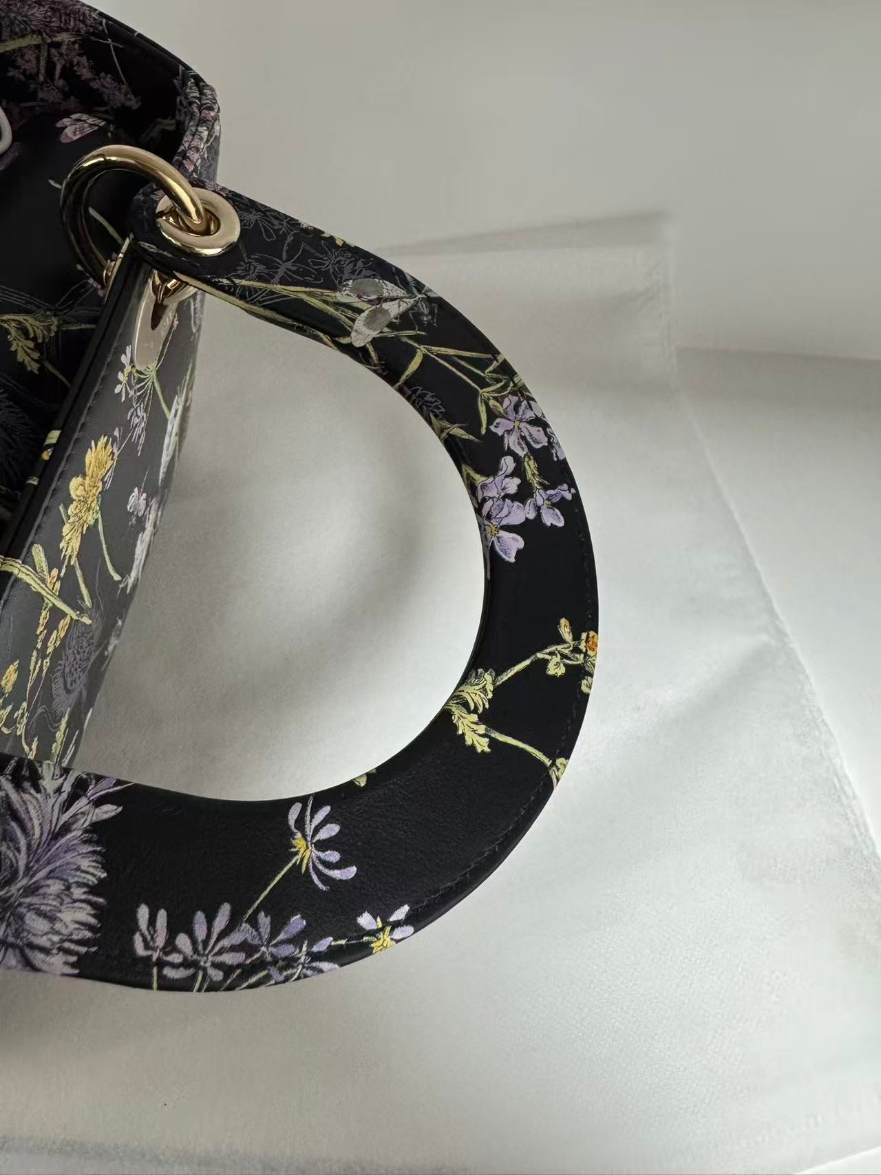 Pre-owned Certified Dior Small Lady Dior Black Calfskin with Painted Floral Pattern with Light Golden Hardware, 2024, w/ full set