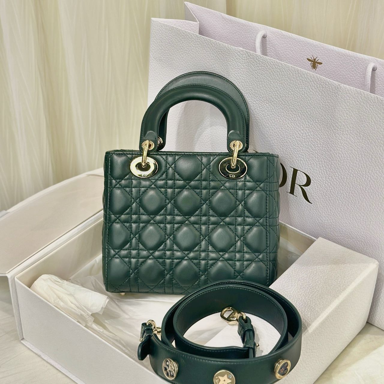 Pre-owned Certified Dior Small Lady Dior in Dark Green Lambskin with Golden Hardware, w/ strap