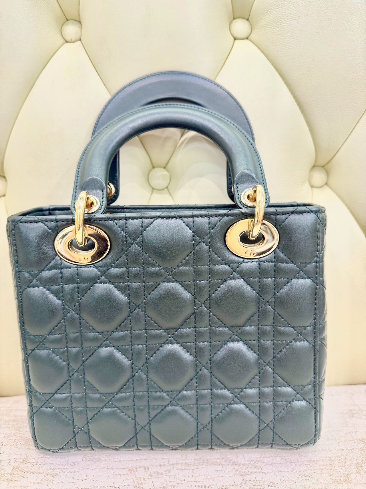 Pre-owned Certified Dior Small Lady Dior in Dark Green Lambskin with Golden Hardware, w/ strap