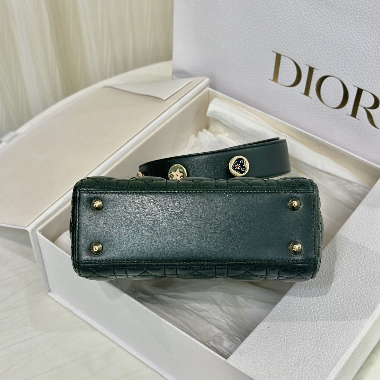 Pre-owned Certified Dior Small Lady Dior in Dark Green Lambskin with Golden Hardware, w/ strap