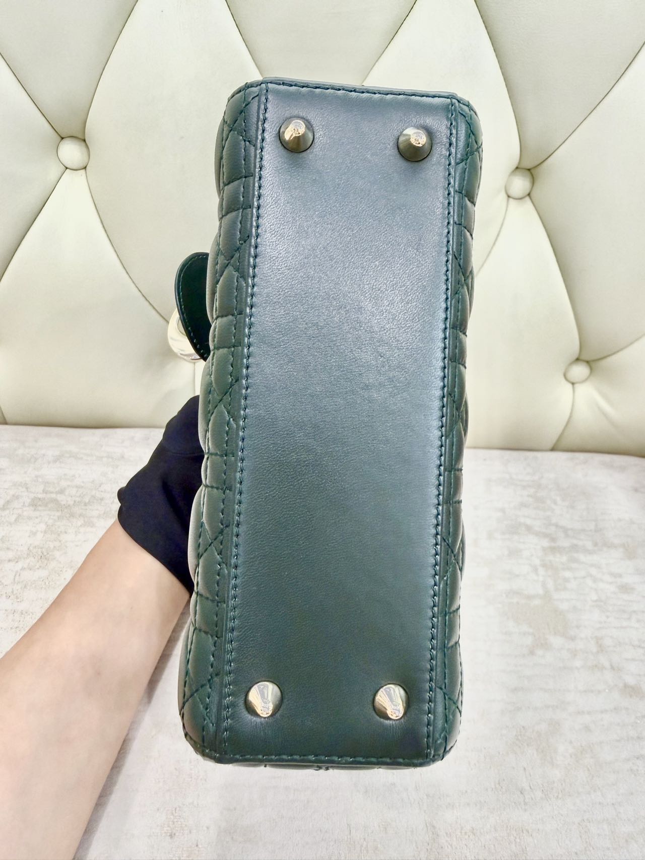 Pre-owned Certified Dior Small Lady Dior in Dark Green Lambskin with Golden Hardware, w/ strap