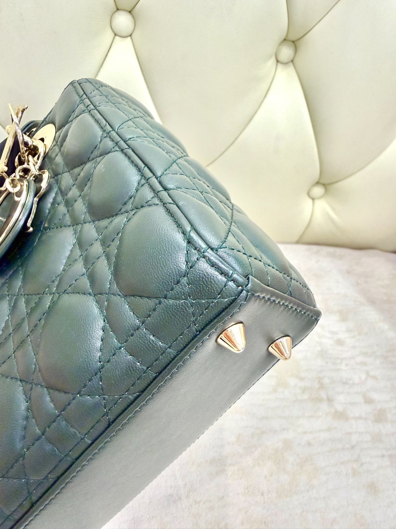 Pre-owned Certified Dior Small Lady Dior in Dark Green Lambskin with Golden Hardware, w/ strap