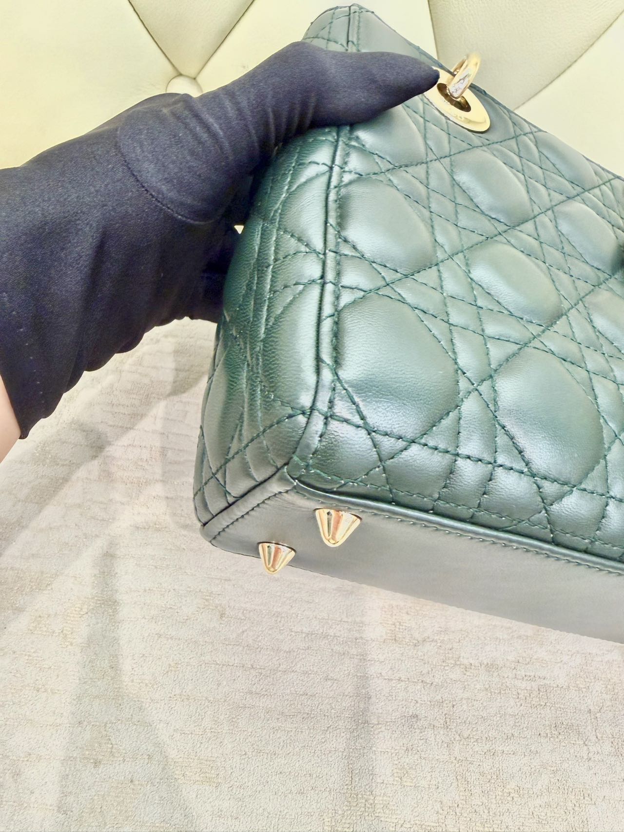 Pre-owned Certified Dior Small Lady Dior in Dark Green Lambskin with Golden Hardware, w/ strap