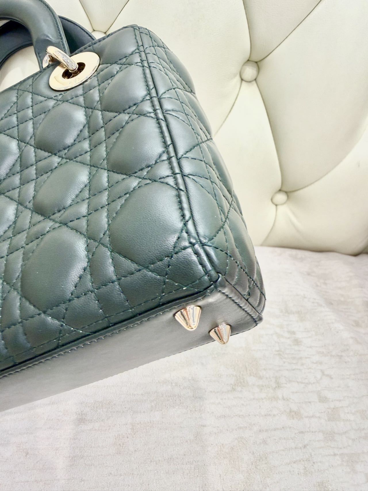 Pre-owned Certified Dior Small Lady Dior in Dark Green Lambskin with Golden Hardware, w/ strap