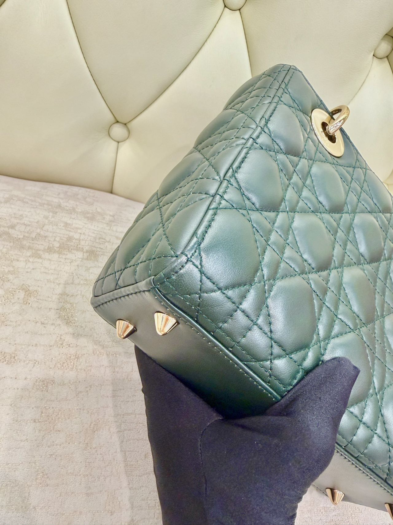 Pre-owned Certified Dior Small Lady Dior in Dark Green Lambskin with Golden Hardware, w/ strap