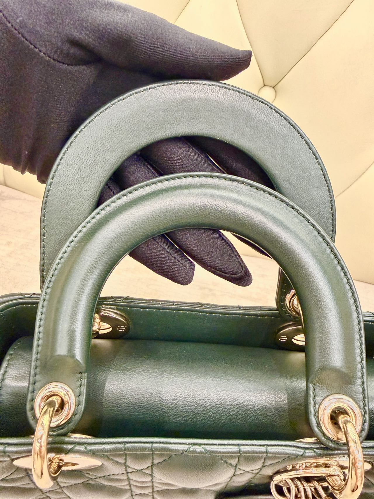Pre-owned Certified Dior Small Lady Dior in Dark Green Lambskin with Golden Hardware, w/ strap
