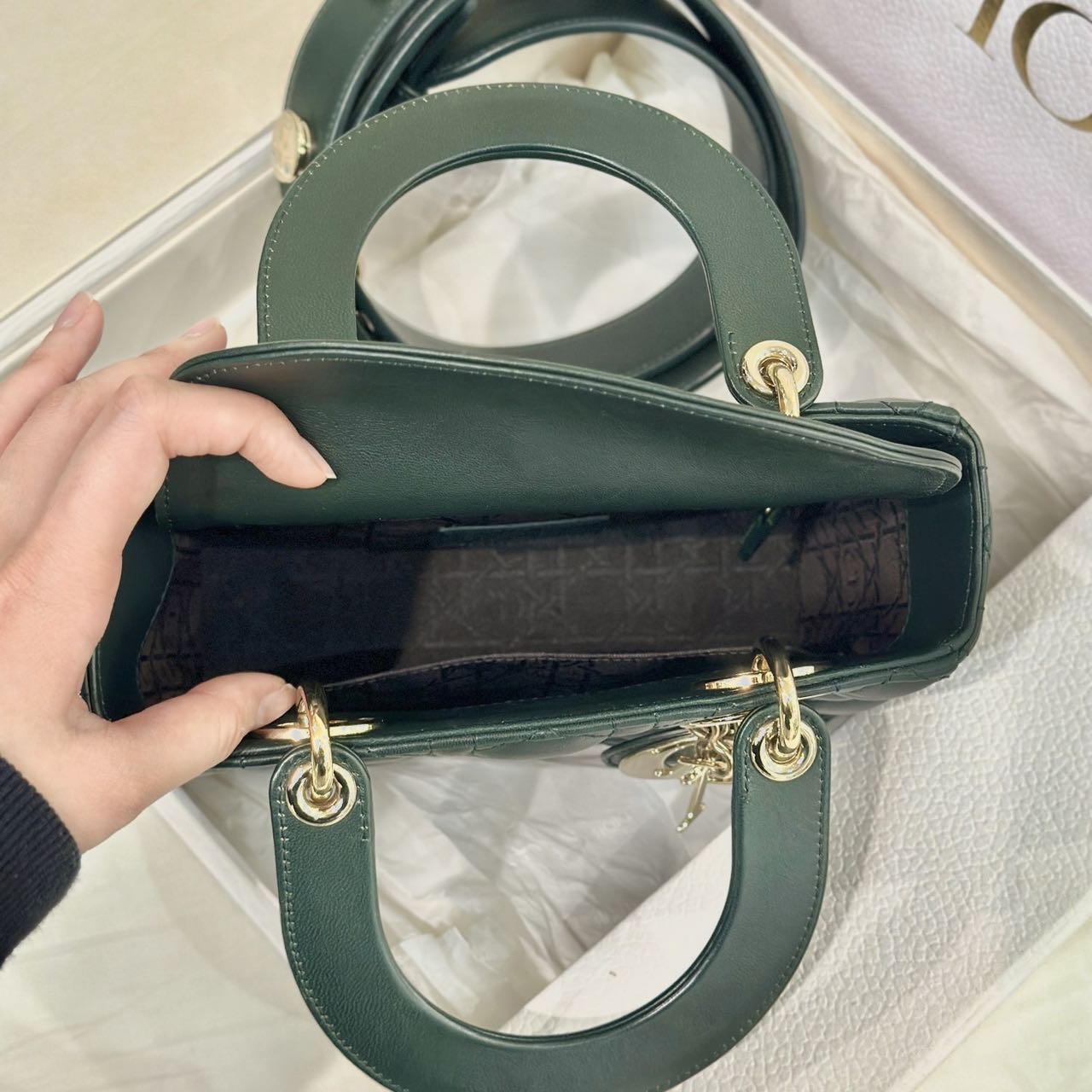 Pre-owned Certified Dior Small Lady Dior in Dark Green Lambskin with Golden Hardware, w/ strap