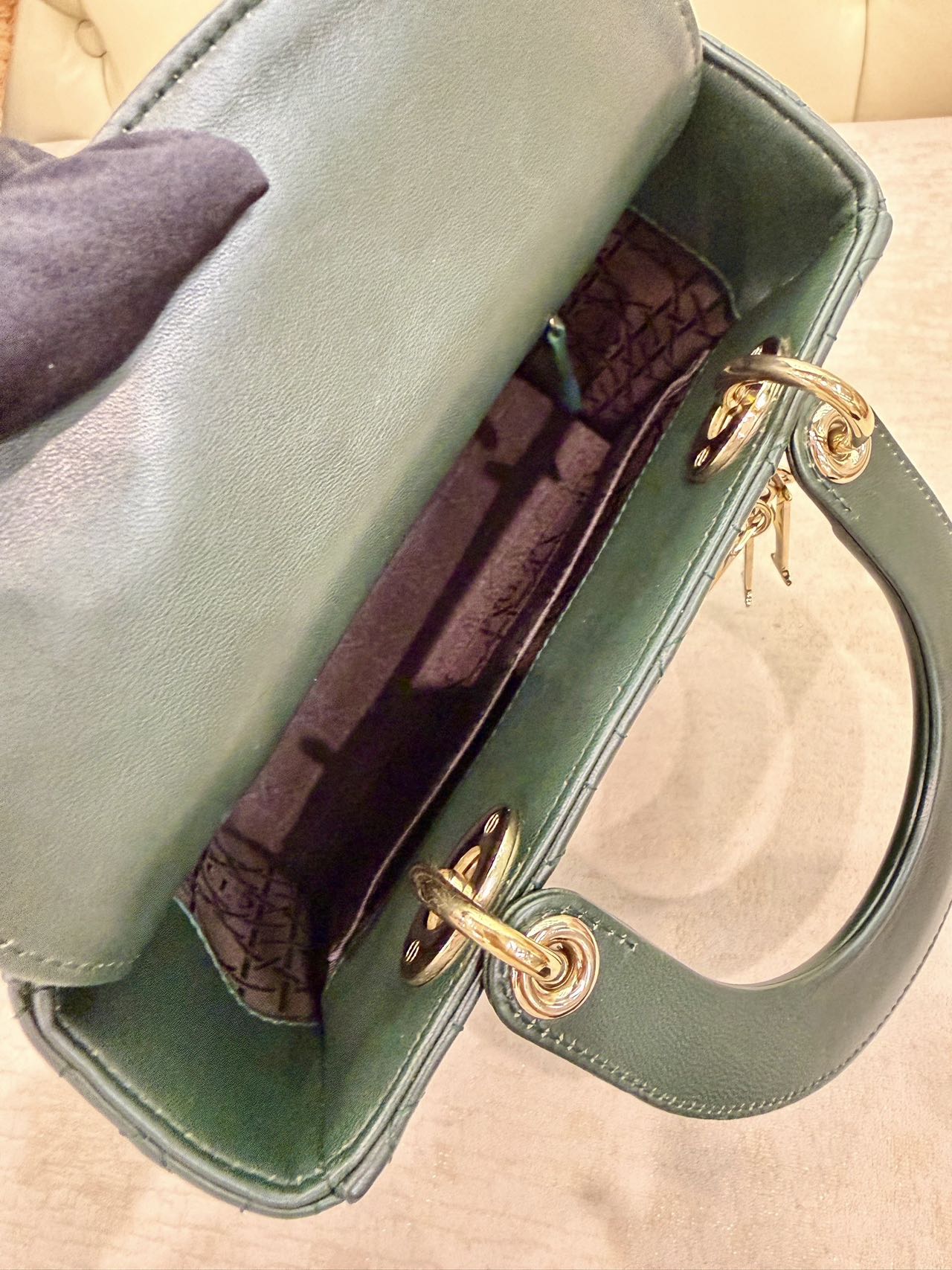 Pre-owned Certified Dior Small Lady Dior in Dark Green Lambskin with Golden Hardware, w/ strap