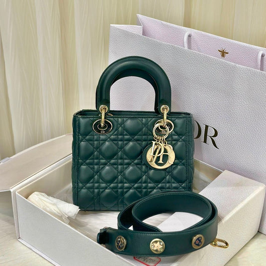 Pre-owned Certified Dior Small Lady Dior in Dark Green Lambskin with Golden Hardware, w/ strap
