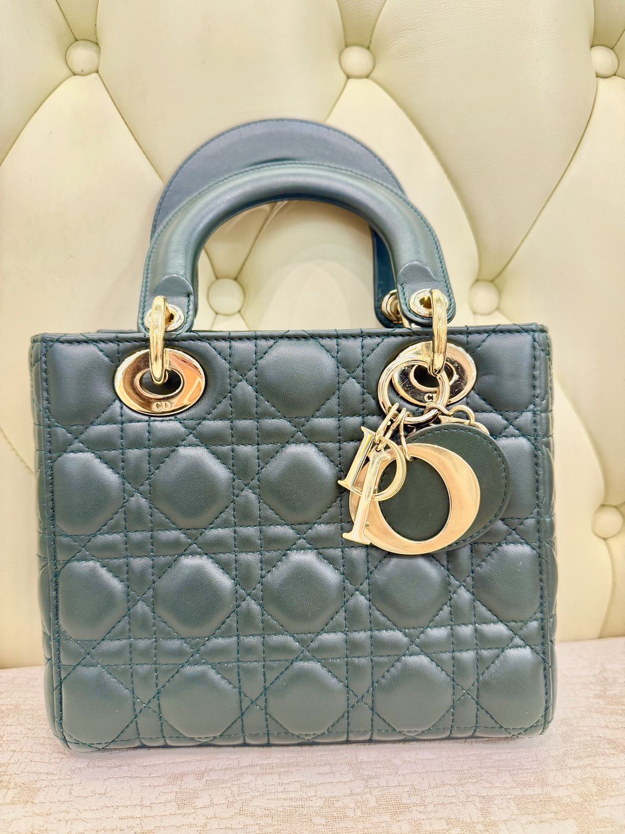 Pre-owned Certified Dior Small Lady Dior in Dark Green Lambskin with Golden Hardware, w/ strap