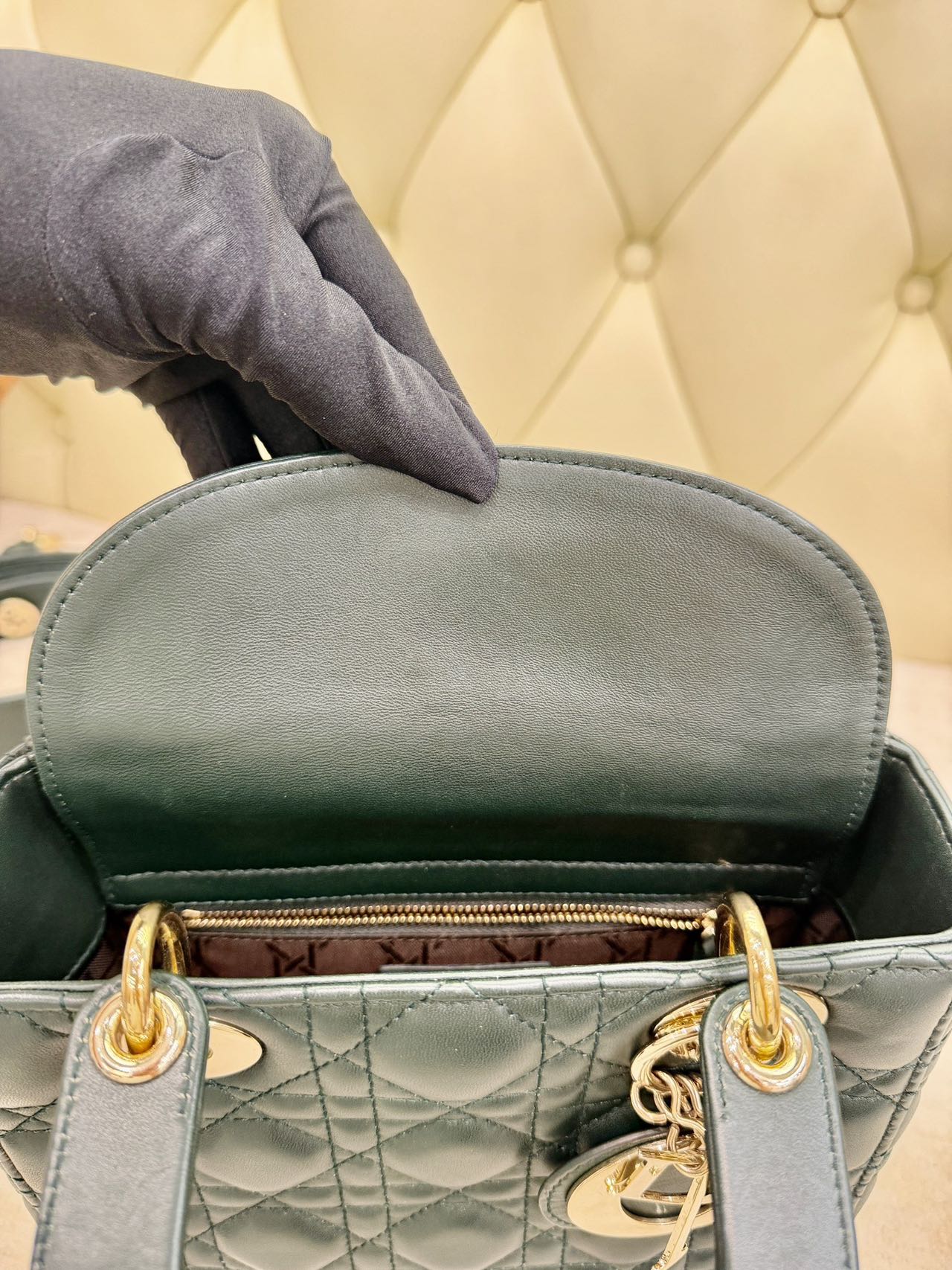 Pre-owned Certified Dior Small Lady Dior in Dark Green Lambskin with Golden Hardware, w/ strap