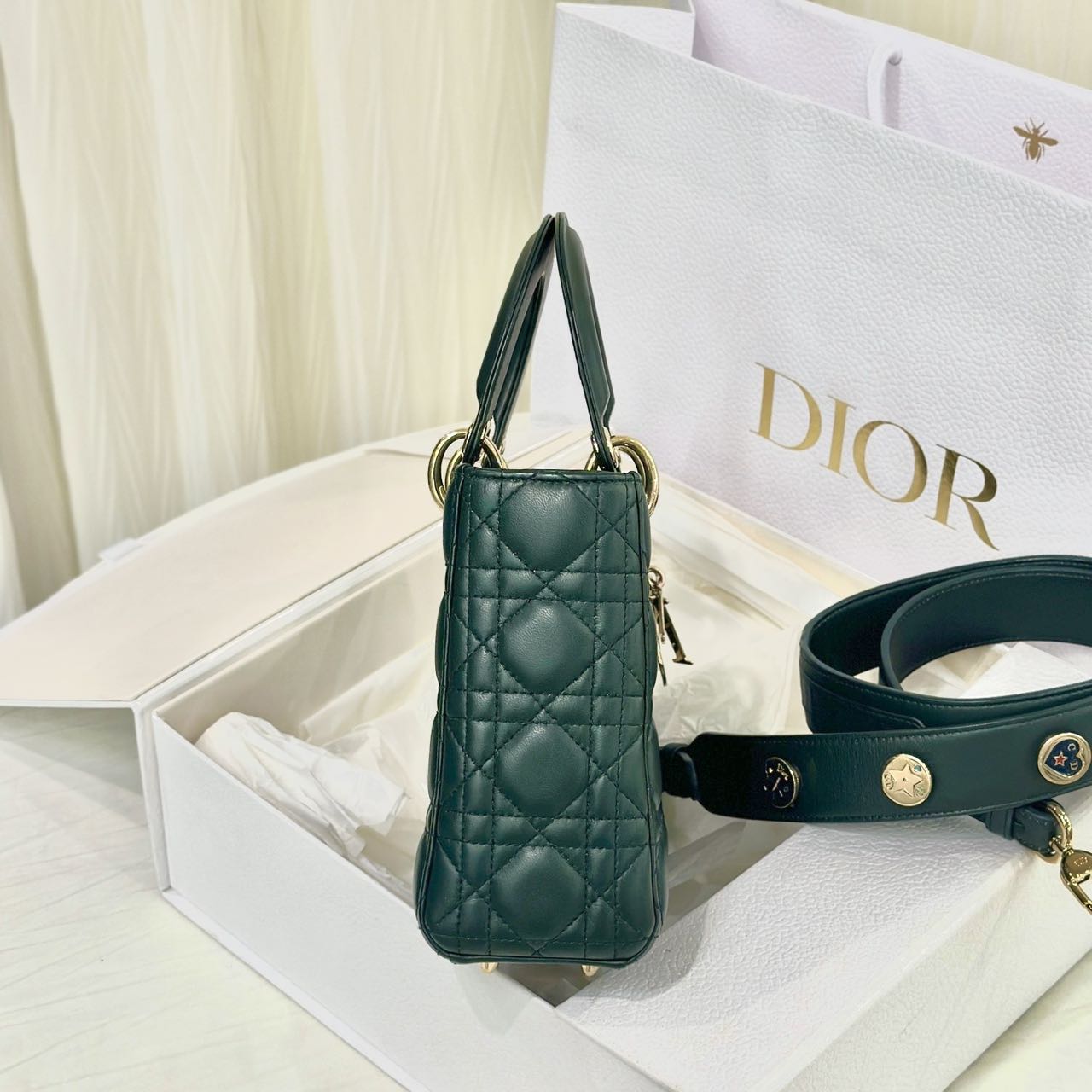 Pre-owned Certified Dior Small Lady Dior in Dark Green Lambskin with Golden Hardware, w/ strap