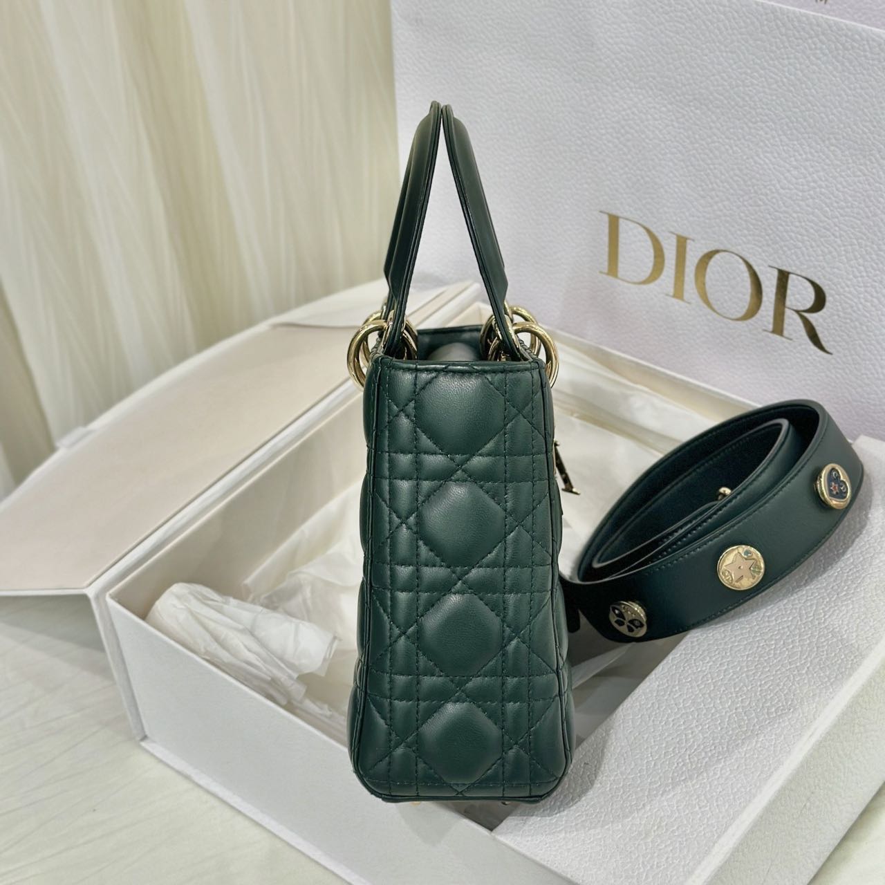 Pre-owned Certified Dior Small Lady Dior in Dark Green Lambskin with Golden Hardware, w/ strap