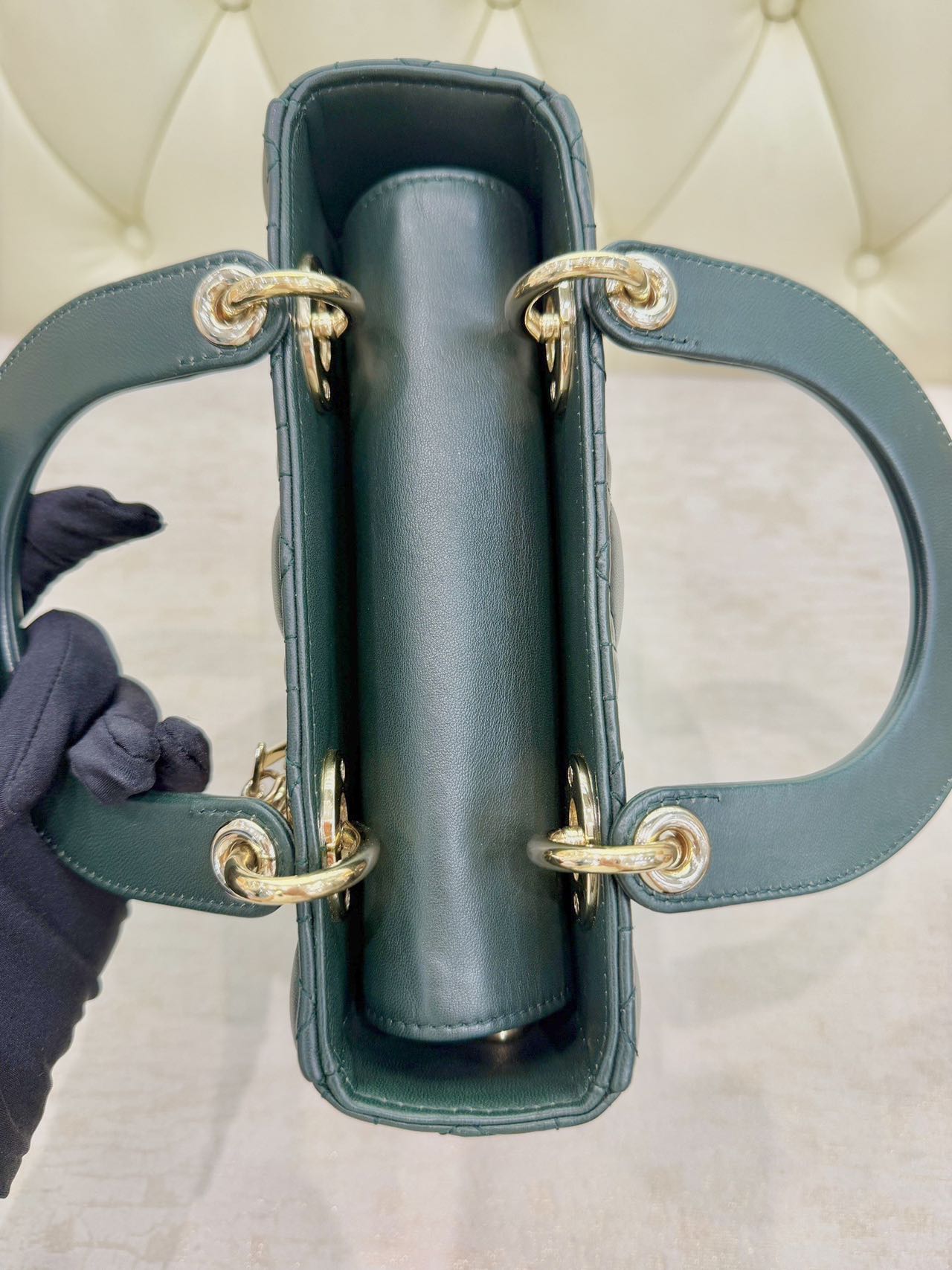 Pre-owned Certified Dior Small Lady Dior in Dark Green Lambskin with Golden Hardware, w/ strap