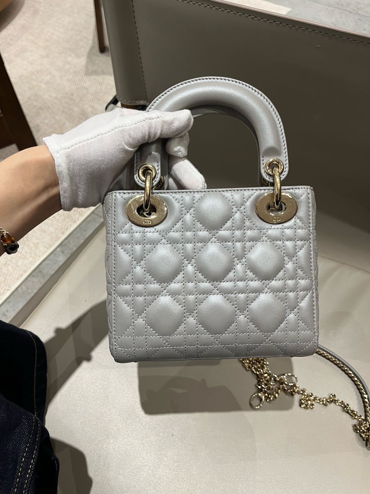 Pre-owned Certified Dior Small Lady Dior in Grey Lambskin with Golden Hardware, w/ strap