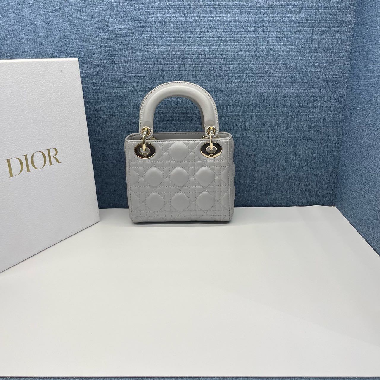 Pre-owned Certified Dior Small Lady Dior in Grey Lambskin with Golden Hardware, w/ strap