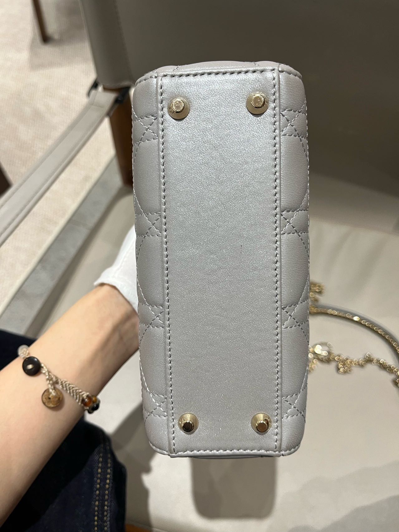 Pre-owned Certified Dior Small Lady Dior in Grey Lambskin with Golden Hardware, w/ strap