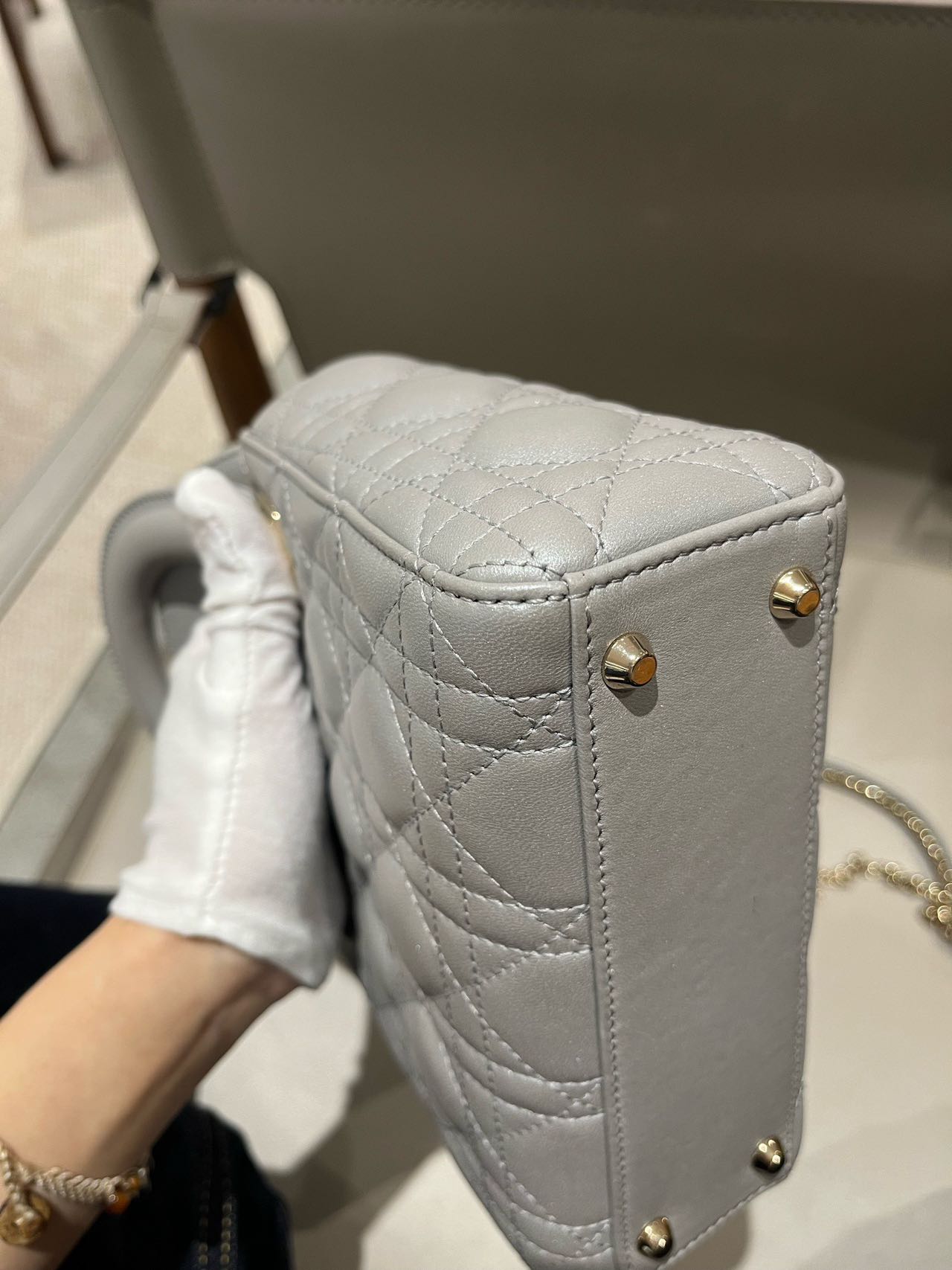 Pre-owned Certified Dior Small Lady Dior in Grey Lambskin with Golden Hardware, w/ strap