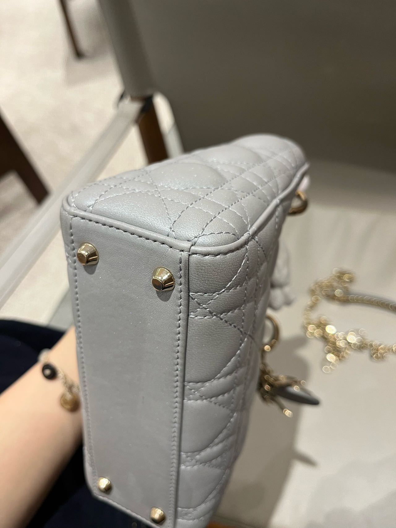 Pre-owned Certified Dior Small Lady Dior in Grey Lambskin with Golden Hardware, w/ strap