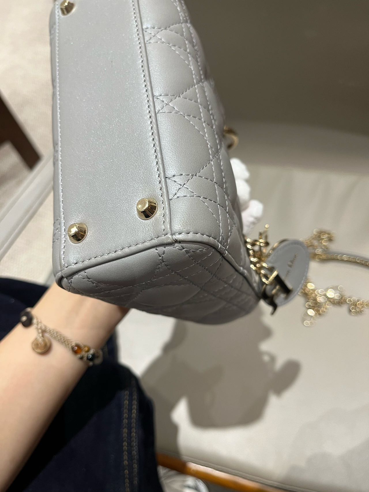 Pre-owned Certified Dior Small Lady Dior in Grey Lambskin with Golden Hardware, w/ strap