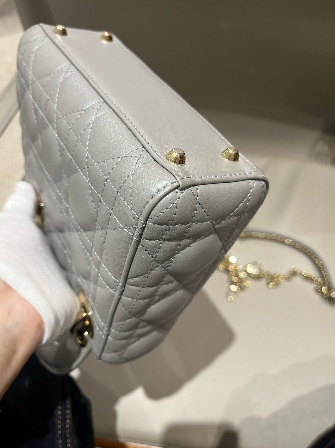 Pre-owned Certified Dior Small Lady Dior in Grey Lambskin with Golden Hardware, w/ strap