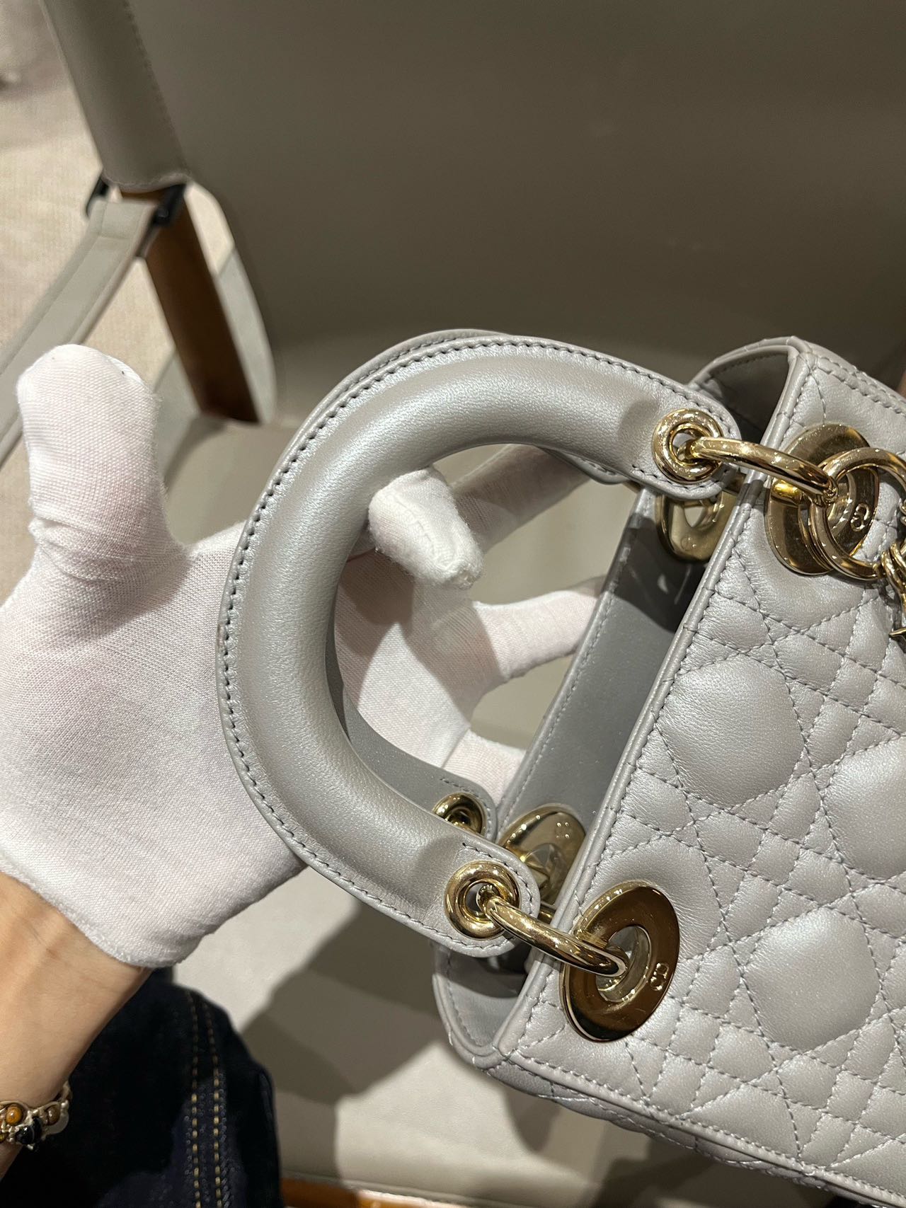 Pre-owned Certified Dior Small Lady Dior in Grey Lambskin with Golden Hardware, w/ strap