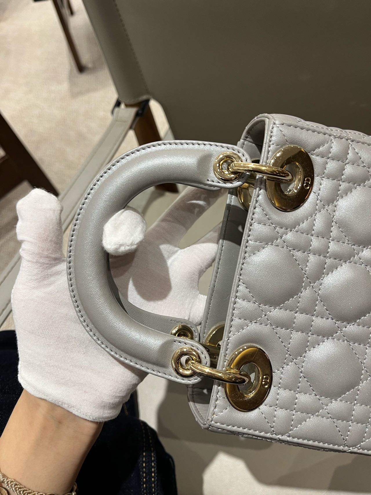 Pre-owned Certified Dior Small Lady Dior in Grey Lambskin with Golden Hardware, w/ strap