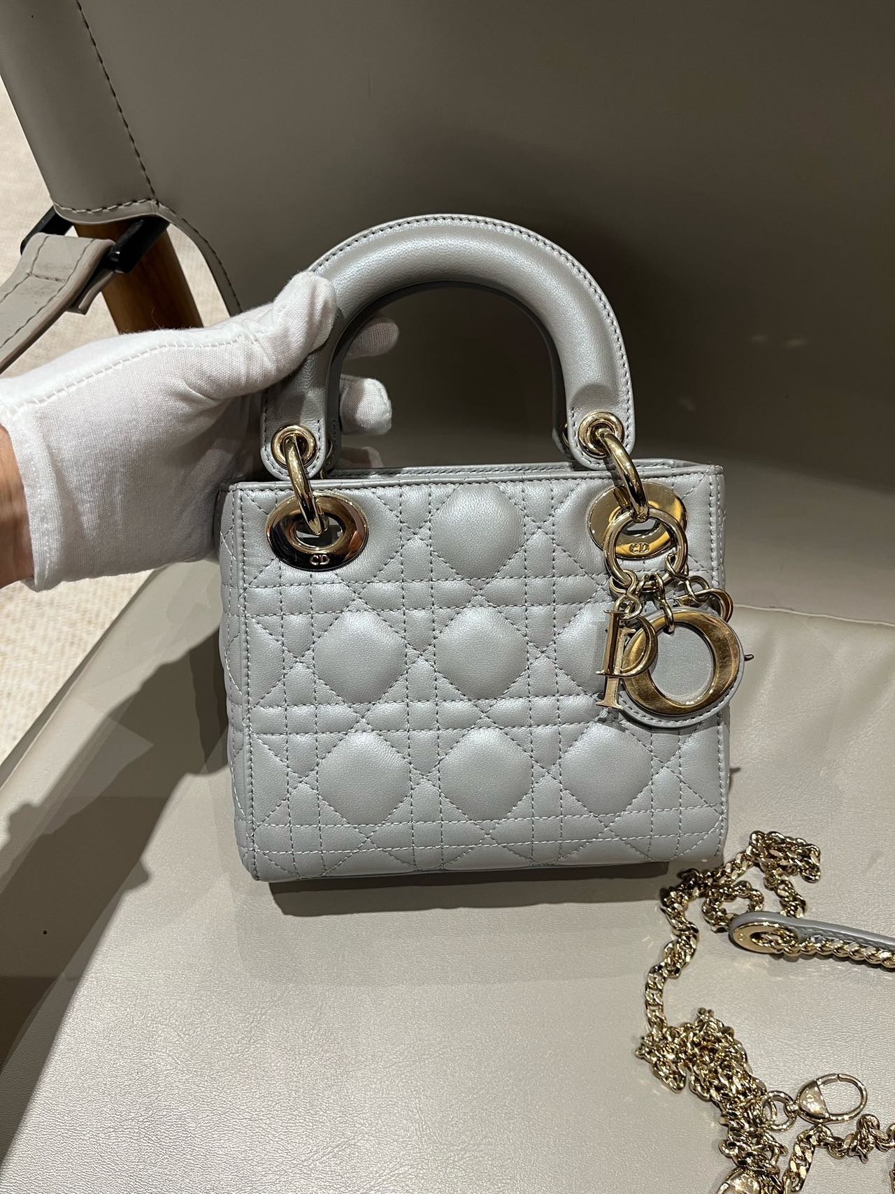 Pre-owned Certified Dior Small Lady Dior in Grey Lambskin with Golden Hardware, w/ strap