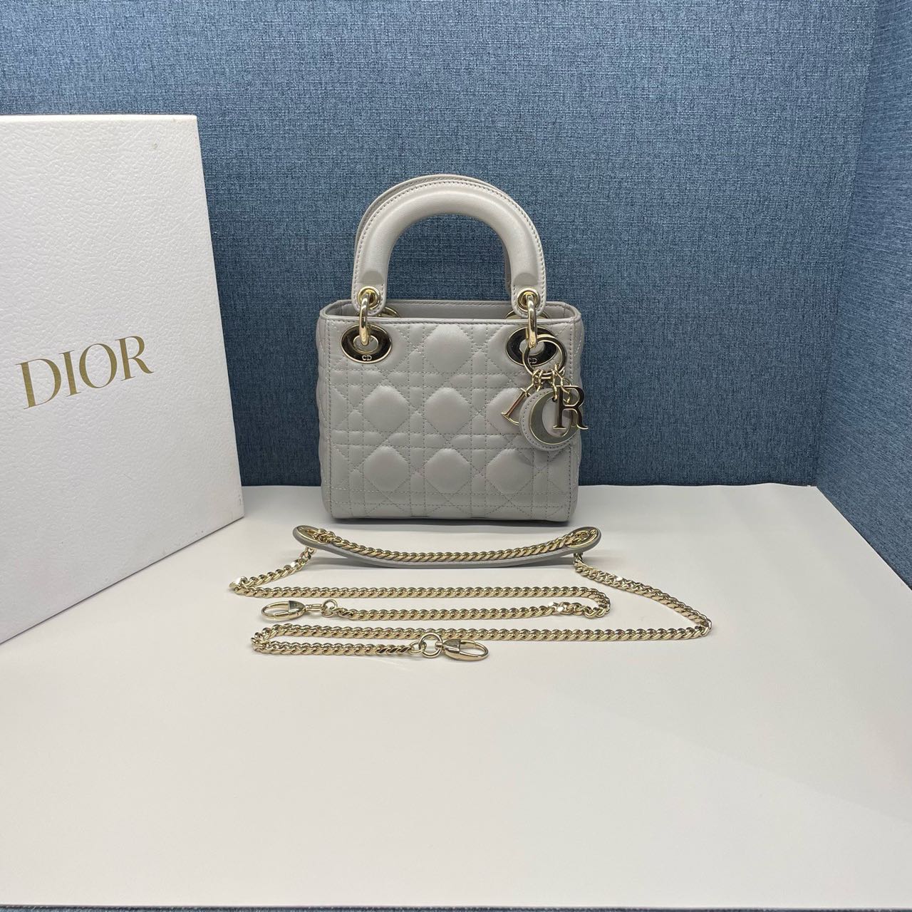 Pre-owned Certified Dior Small Lady Dior in Grey Lambskin with Golden Hardware, w/ strap