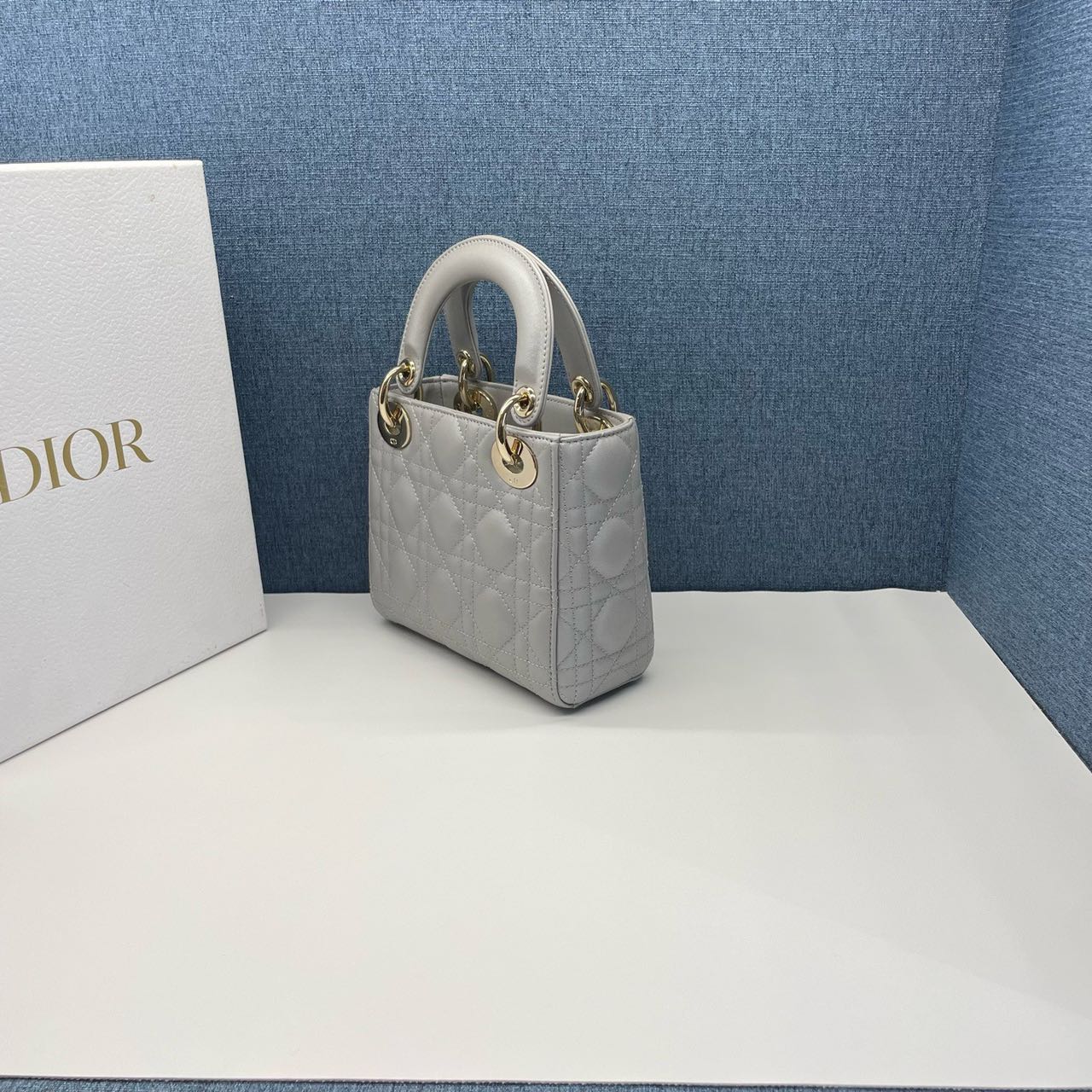 Pre-owned Certified Dior Small Lady Dior in Grey Lambskin with Golden Hardware, w/ strap
